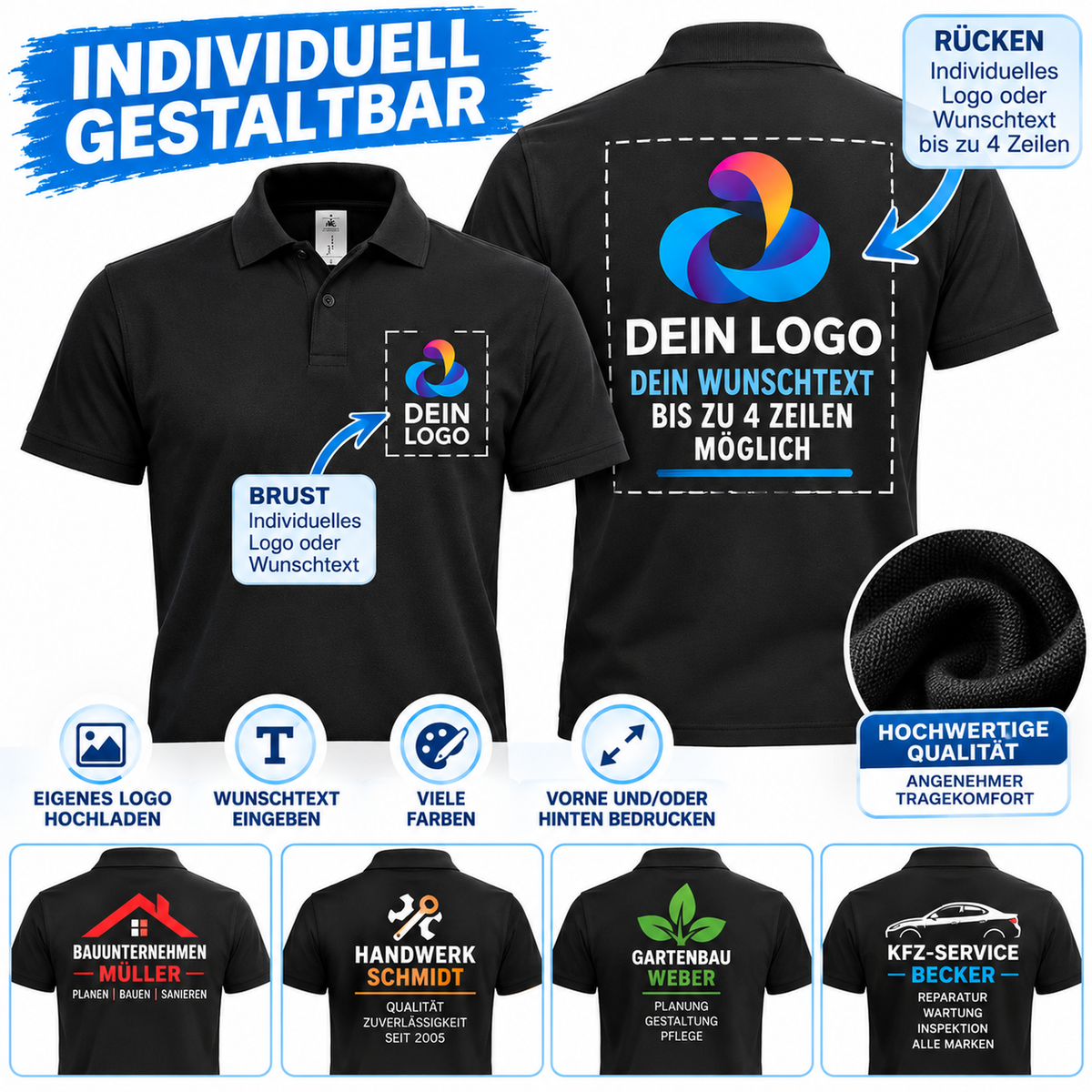 Poloshirt mit Logo & Wunschtext – Firmenpolo bedruckt auf Brust und Rücken