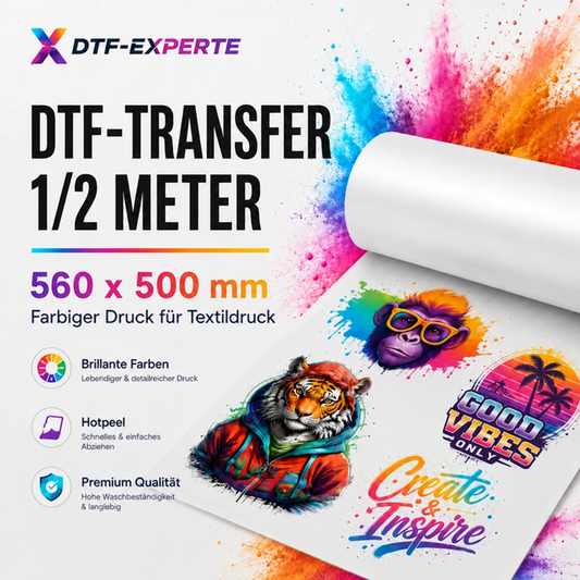 DTF-Transfer 1/2 Meter – Farbiger Druck 560 × 500 mm – für Textildruck, Shirts, Hoodies & Stoffe – hochwertige Transferfolie für individuelle Designs & Logos