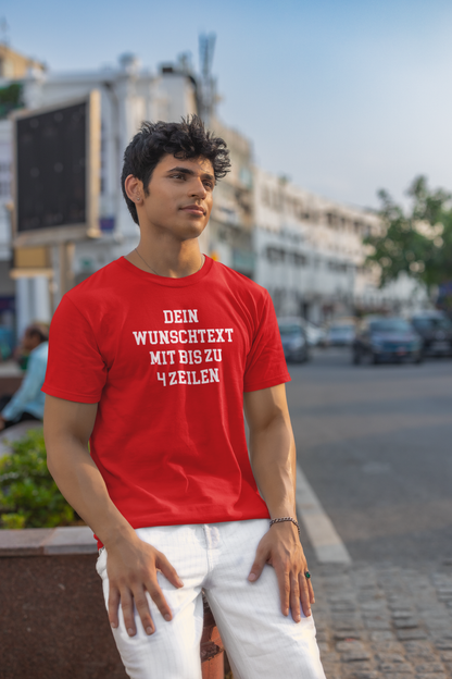 T-Shirt selbst gestalten mit Wunschtext – bis 4 Zeilen Frontprint – personalisiertes Shirt mit Name – Vorderdruck individuell bedrucken – Mannschaftsshirt, Vereinskleidung, Geschenkidee